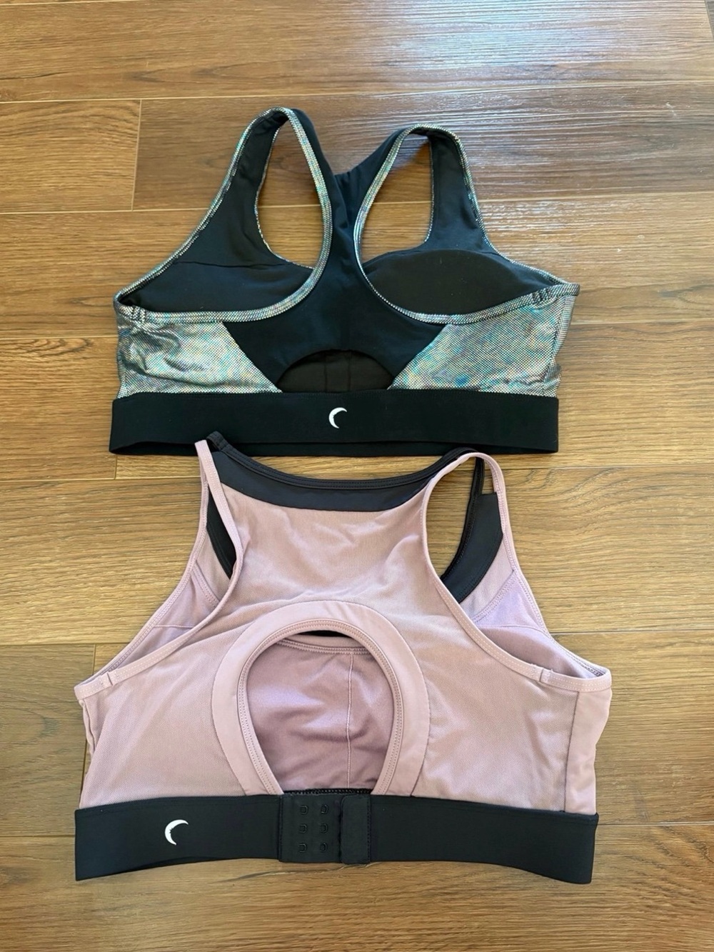 Racerback Sports Bras - Dusty Rose and Disco Iridescent Black, and cream and tan